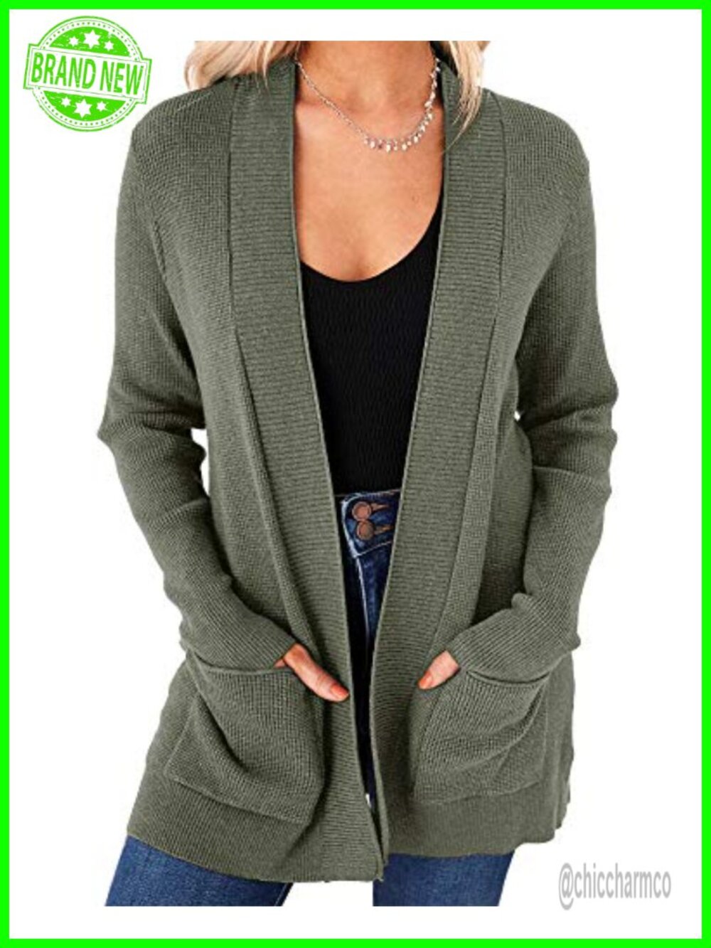 Womens Open Front Cardigan Long Sleeve Knit Sweater with Pockets